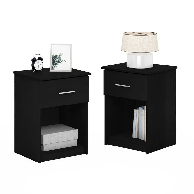 Furinno TIDUR Night Stand, Set of 2 Nightstand, End Table, Side Table, with Drawer and Open Shelf, for Bedroom, Living Room, Dark Americano