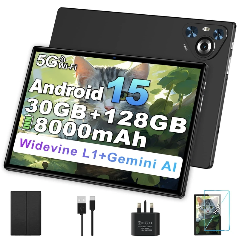 JUSYEA 2026 Tablet 10 Inch Android 15, 30GB RAM+128GB ROM/TF 2TB, 8000mAh, Parental Control, 8-Cores, Gemini AI/Widevine L1, BT5.0, 8MP+5MP, WIFI 6, Tablets Metal Frame-Black