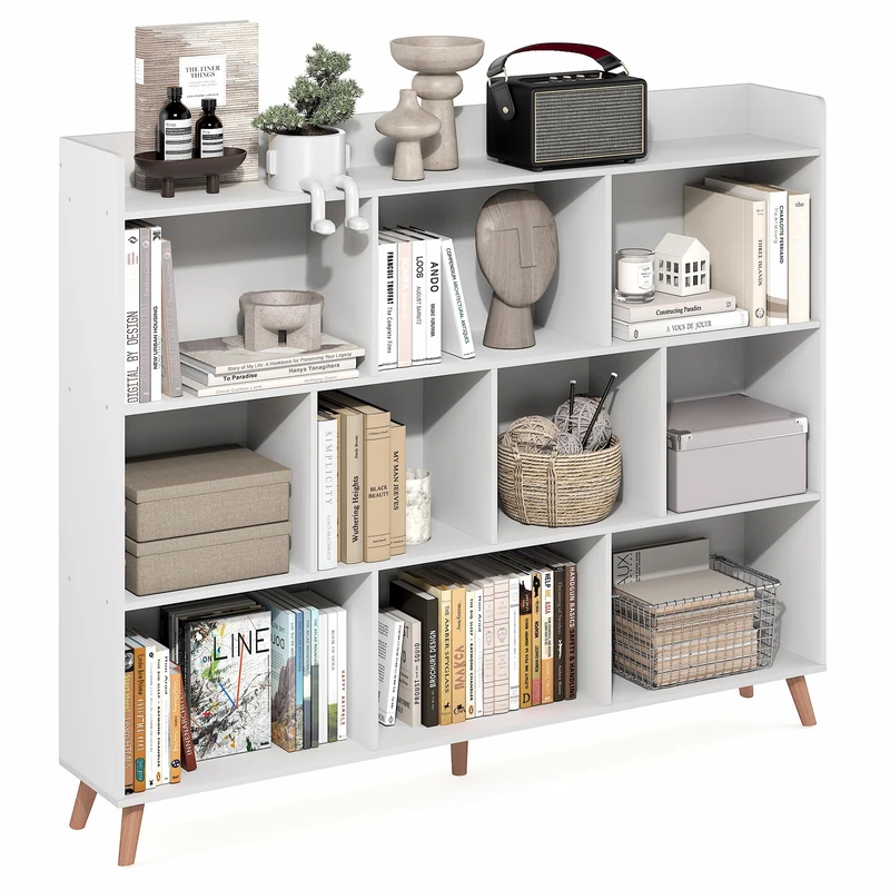 Furinno CLAUDE Book Shelf, 10-Cube Mid Century Style Bookshelf, Bookcase, Storage Organizer with Wood Legs, 9.4" x 55.1" x 45.1", for Living Room, Bedroom, Home Office, White