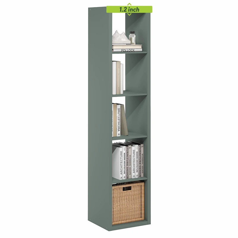 Furinno CUBICLE Book Shelf, 5-Cube Vertical Thick Frame Bookshelf, Horizontally & Vertically Reversible Bookcase with Open Back, 14.6" x 15.9" x 72", for Living Room, Bedroom, Home Office, Sage Green