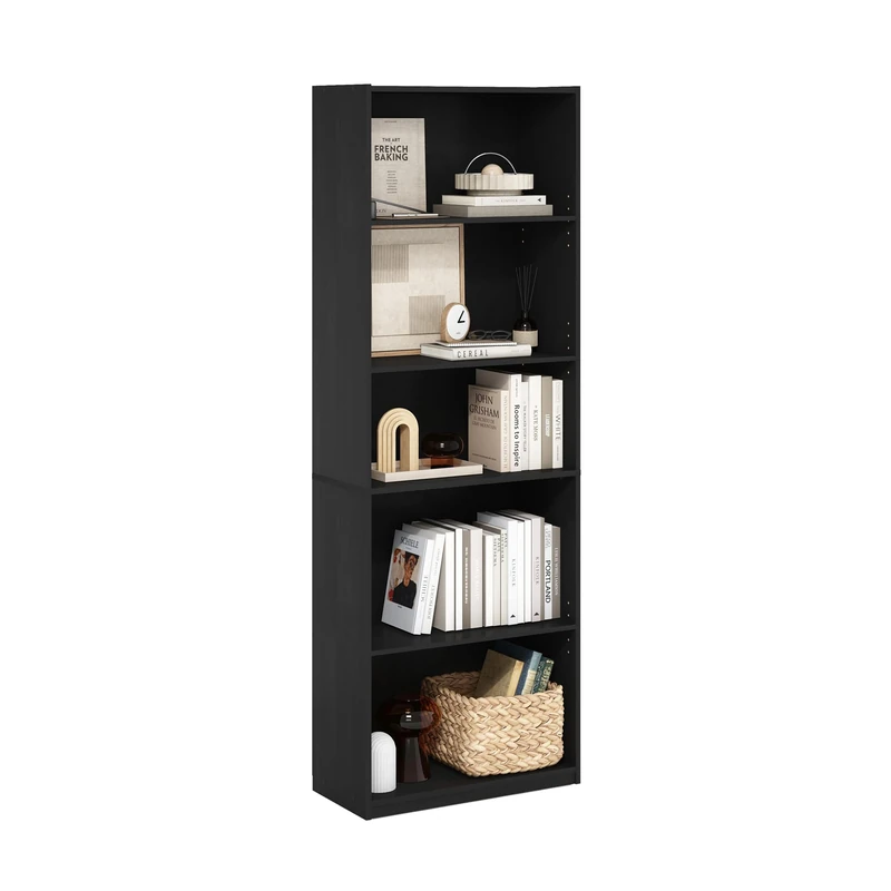 Furinno GEHRY Book Shelf, 5-Tier Bookshelf, Bookcase, with Adjustable Shelves, 11.6 x 24.8 x 71.4, for Home Office, Living Room, Darkwood