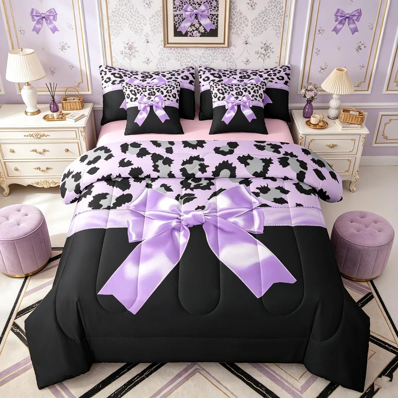 Feelyou Purple Silk Bowknot 7 Piece Bedding Set Twin Size Grey Leopard Comforter Set with Sheets for Kids Girls Women Black Purple Bed in a Bag Sweet Romantic Bed Set