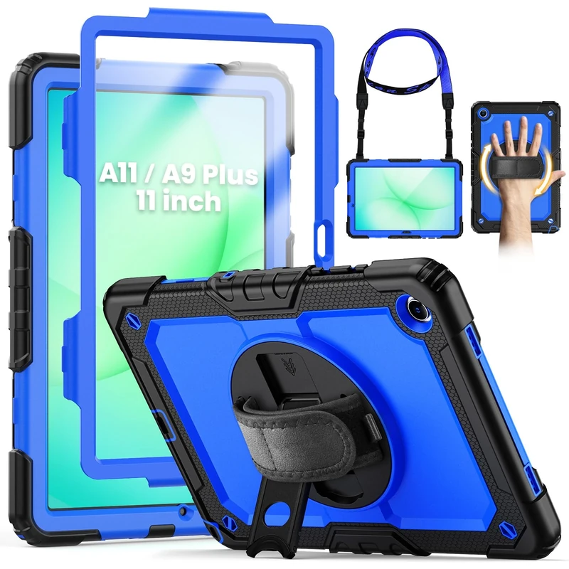 SEYMCY Case for Samsung Galaxy Tab A11+/ A9+ Plus 11 Inch 2025/2023, Full Body Shockproof with Screen Protector, Rotating Hand Strap & Stand, Shoulder Strap for Samsung A11+/A9+ Tablet Case, Blue