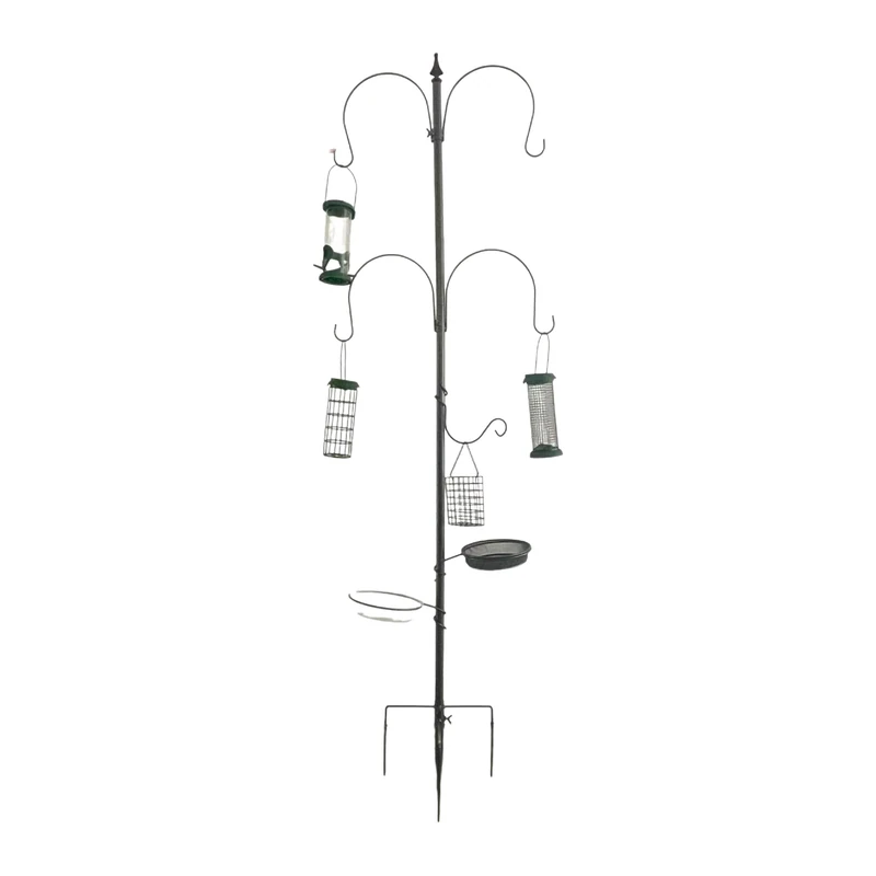 Relaxdays Bird Feeder Station, 6-in-1, Ground Spike, Water & Food Bowl, Basket, Seed Holder, Steel, Feeding Column, Grey