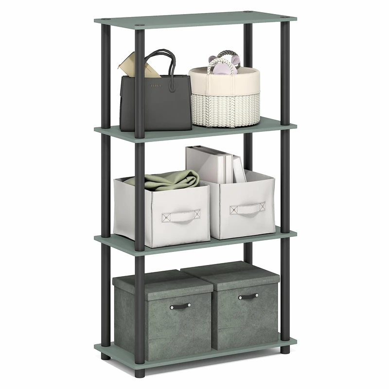 Furinno TURN-N-TUBE Storage Shelves, 4-Tier Toolless Book Shelf, Corner Shelf, Toolless Open Shelves, for Organization and Storage, Living Room, Garage, Home Office, Sage Green