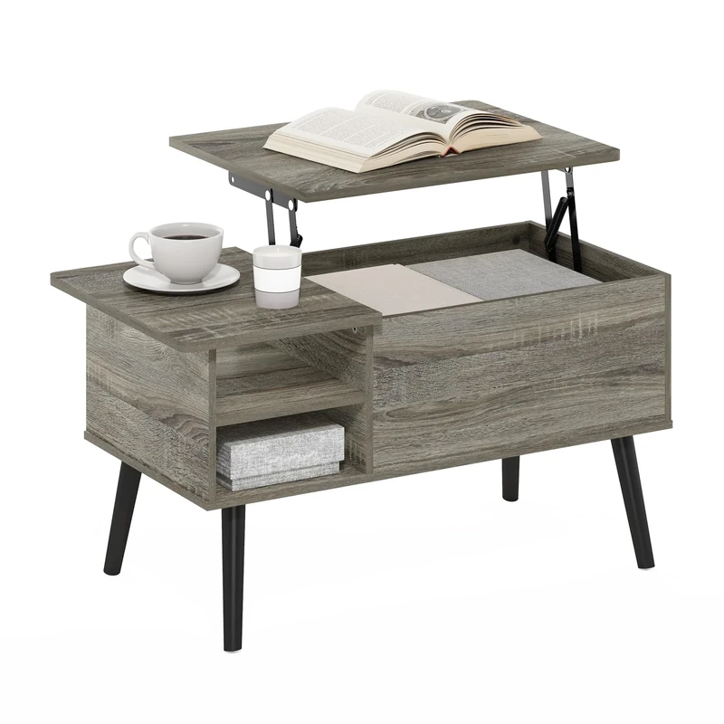 Furinno JENSEN Lift Top Coffee Table With Storage Shelf, Side Shelf, Hidden Compartment, for Living Room, Grey Oak