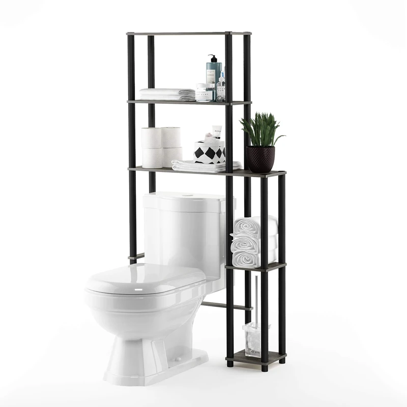 Furinno TURN-N-TUBE Over The Toilet Storage, 5-Shelf Over The Toilet Organizer, Freestanding Space Saver Bathroom Shelf, for Bathroom Organizers and Storage, Grey Oak