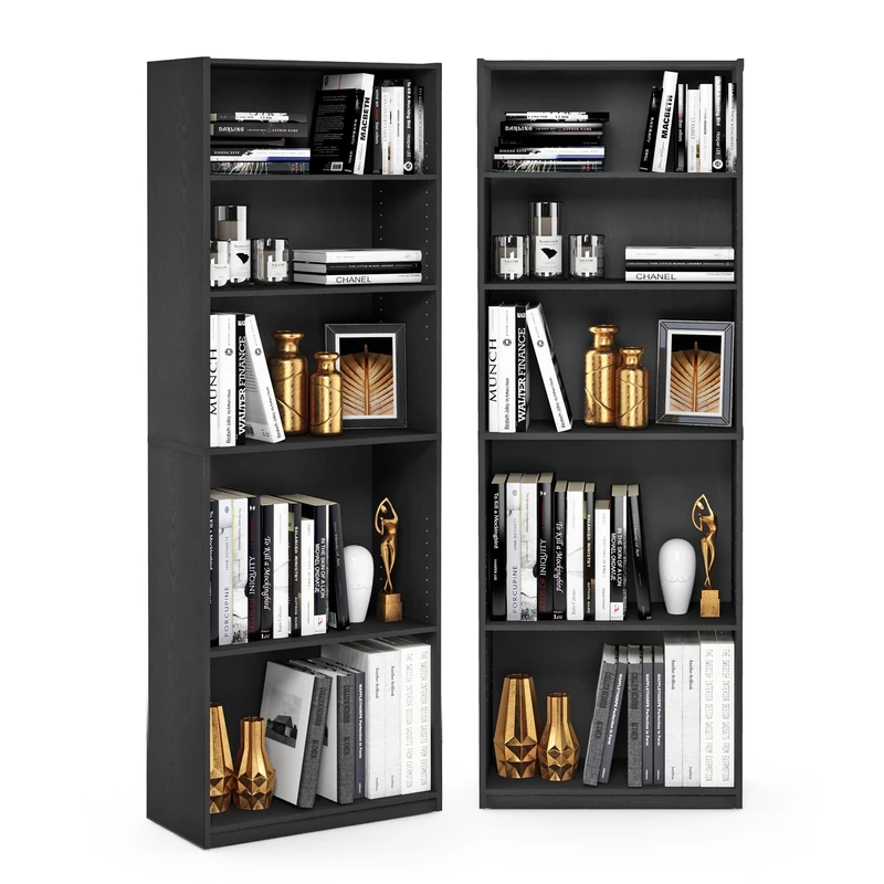 Furinno JAYA Book Shelf Set of 2, 5-Tier Bookshelf, Bookcase, with Adjustable Shelf, 24.13 (D) x 62.23 (W) x 180.85 (H) cm, for Home Office, Living Room, Black