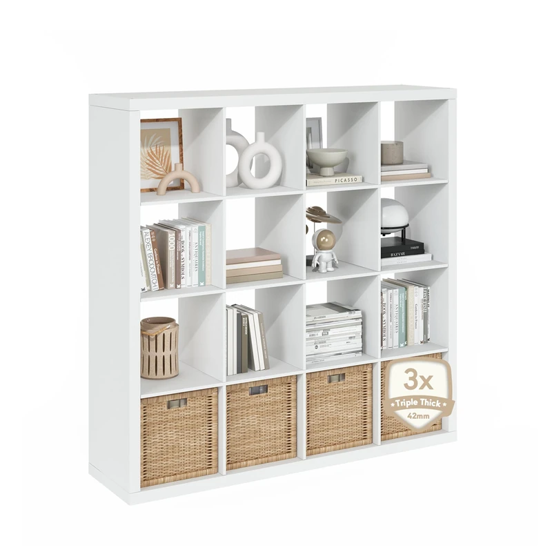 Furinno CUBICLE Book Shelf, 16-Cube Bookshelf, Triple Thick Frame Cube Storage Organizer, Bookcase, 15.4 x 57.4 x 56.9, for Home Office, Living Room, Plain White