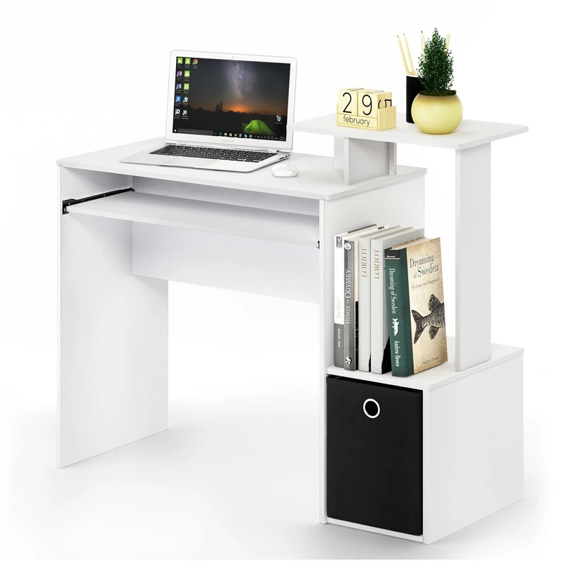 Furinno ECON Desk, Gaming Desk with Keyboard Tray, Computer Desk, Office Desk with Side Shelves and Storage Bin for Home Office, Study Room, Dorm, Plain White