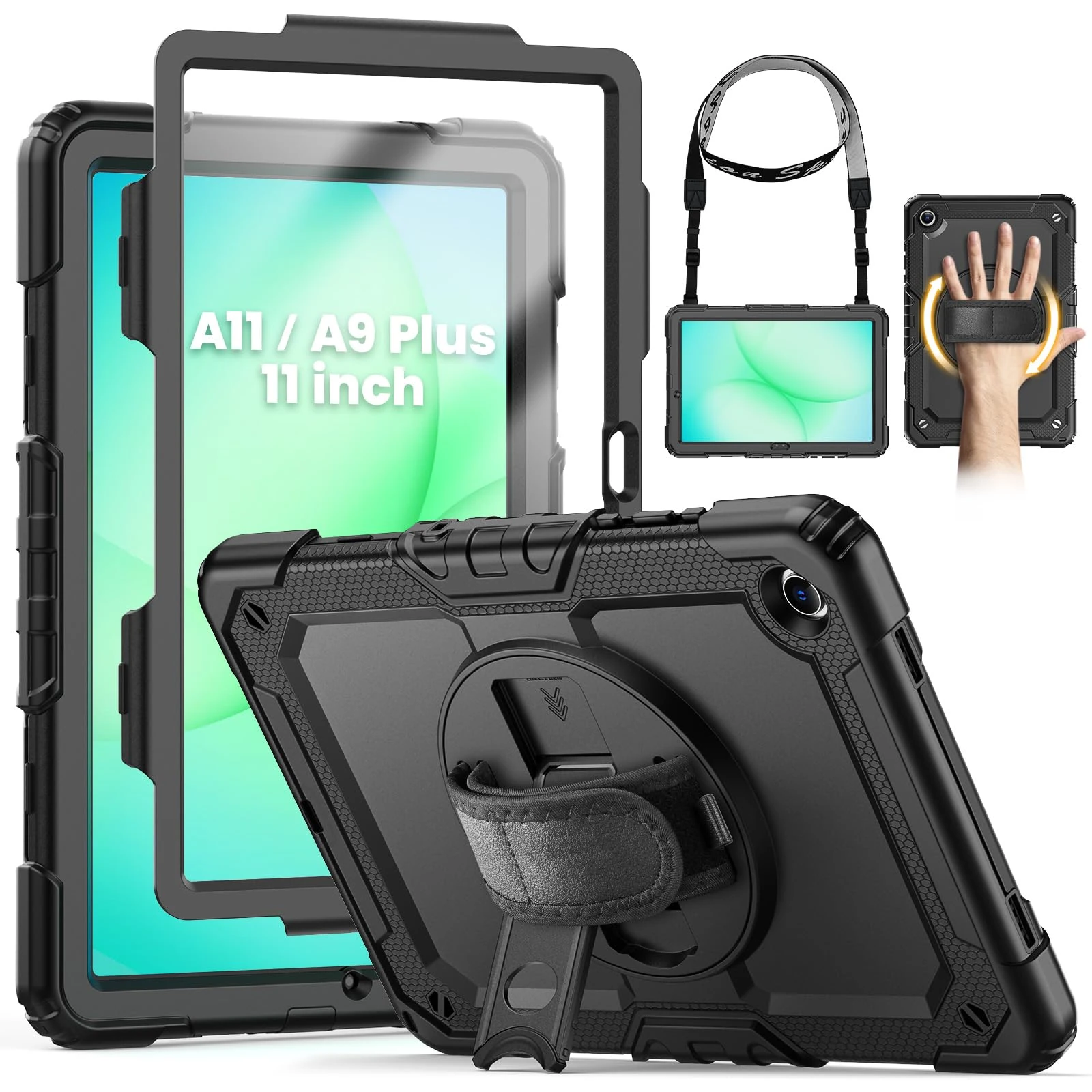 SEYMCY Case for Samsung Galaxy Tab A11+/ A9+ Plus 11 Inch 2025/2023, Full Body Shockproof with Screen Protector, Rotating Hand Strap & Stand, Shoulder Strap for Samsung A11+/A9+ Tablet Case, Black