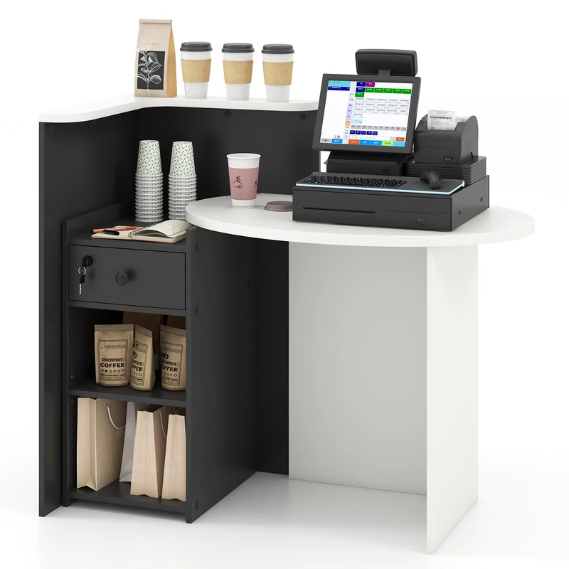 SFAREST Reception Desk, Wooden Front Cashier Table with Open Shelf and Lockable Function, Modern Retail Corner Computer Desk for Salon Office Restaurant (Black Shelf+White Table)