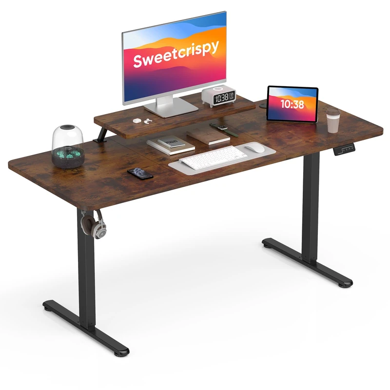 Sweetcrispy Height-Adjustable Desk with Monitor Stand, 160 x 60 cm Desk, Height-Adjustable Electric, Ergonomic Standing Seat Table, Computer Desk, Standing Desk, Vintage Brown