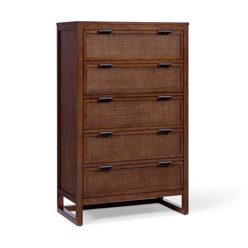 Teamson Home Hatteras 127cm Tall Bedroom Dresser Chest of Drawers with 5 Rattan Inset Drawers, Walnut Finish and Space-Saving Storage Design, Walnut