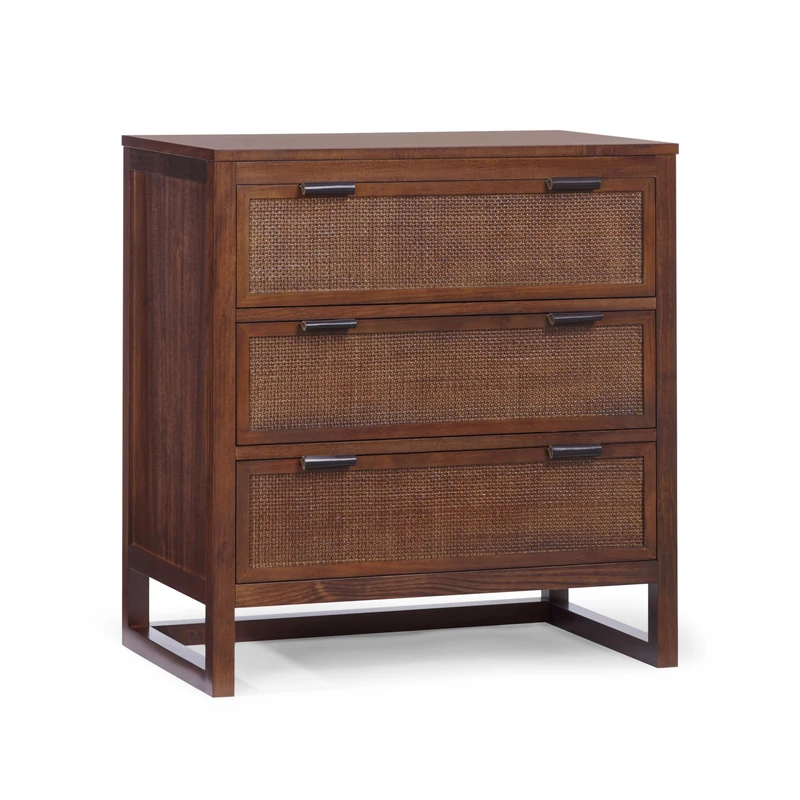 Teamson Home Hatteras Bedroom Dresser Chest of Drawers with 3 Rattan Inset Drawers, Walnut Finish and Compact Storage Design 76 cm Wide, Walnut