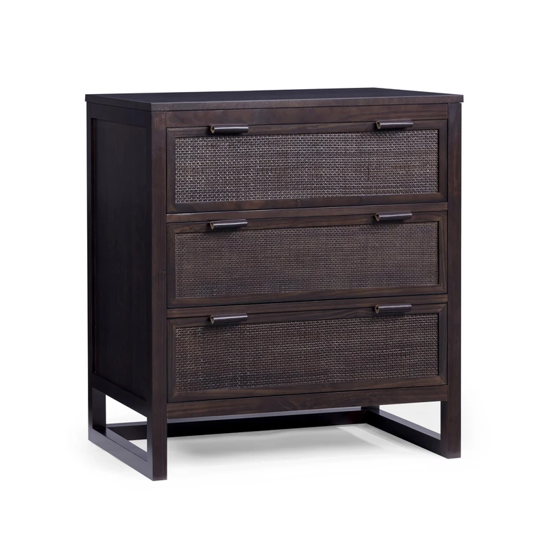 Teamson Home Hatteras 76 cm Wide Bedroom Dresser Chest of Drawers with 3 Rattan Inset Drawers, Mocha Brown Finish and Compact Storage Design, Espresso