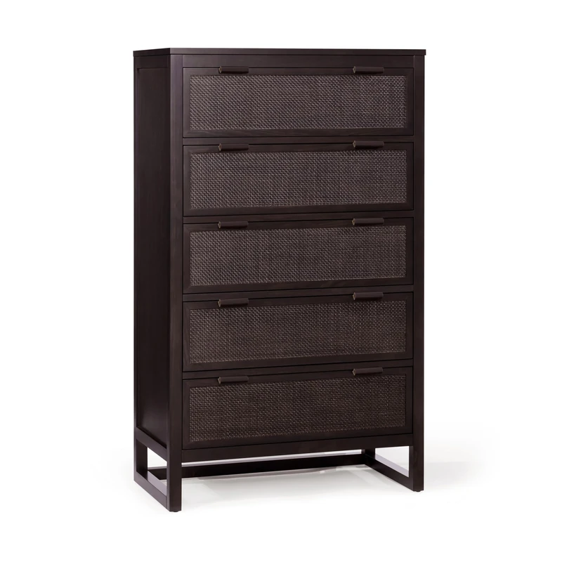 Teamson Home Hatteras 76 cm Wide Bedroom Dresser with 5 Rattan Inset Drawers, Mocha Brown Finish, Acacia Veneer Surfaces and Compact Everyday Storage,