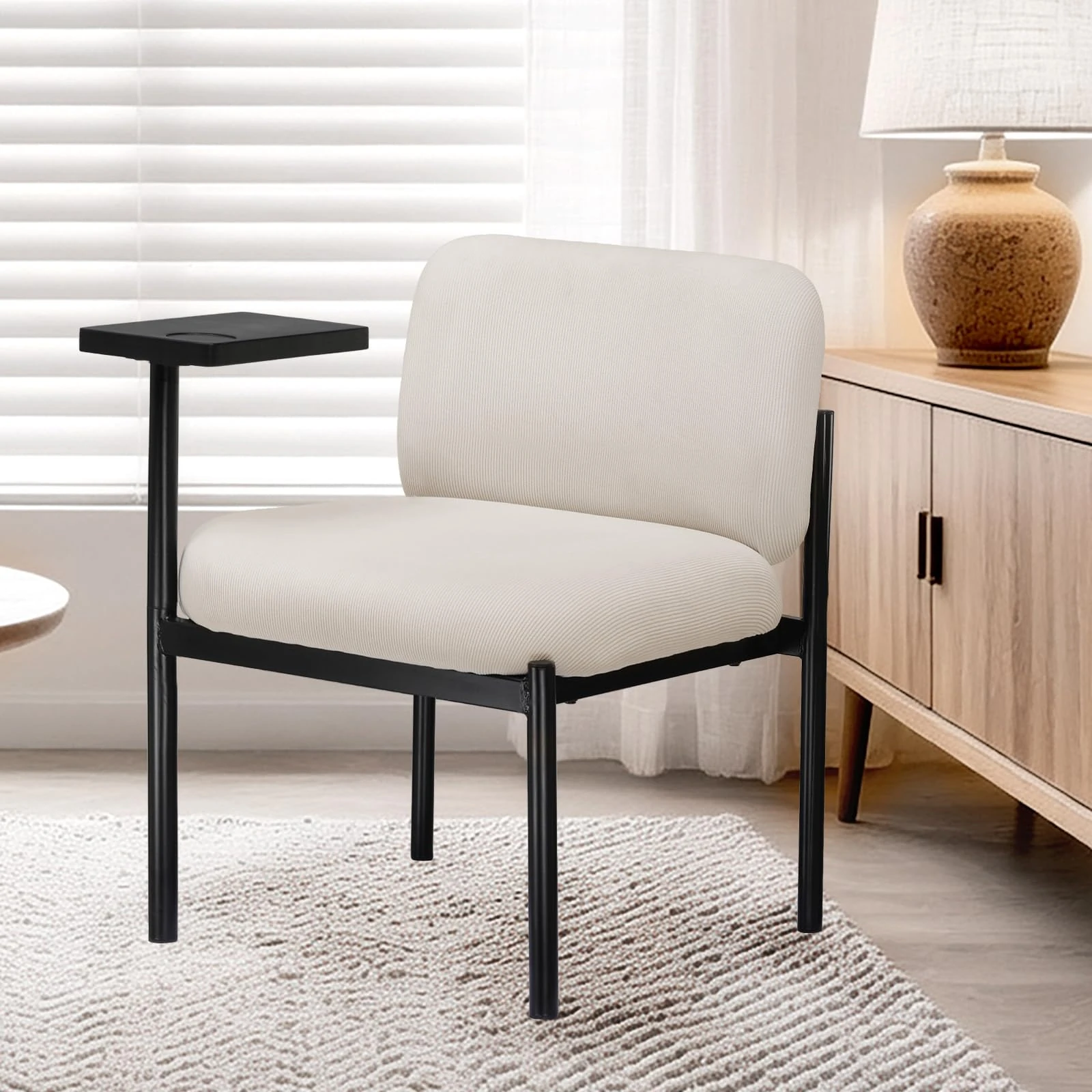 COMHOMA Accent Chair Fabric Modern Upholstered Tub Chairs with 180°Rotating Small Table Thick Soft Padded Seat Metal Legs Lounge Occasional Bedroom Chair