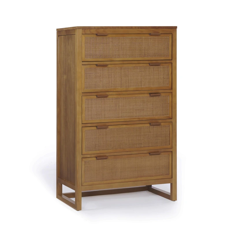 Teamson Home Hatteras 76 cm Wide Tall Bedroom Dresser Chest of Drawers with 5 Rattan Inset Drawers, Acacia Veneer Finish and Compact Storage Design, Natural