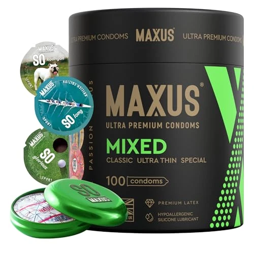 MAXUS Mixed, 100 Lubricated Condoms for Men: Ultra-Thin, Classic, Dotted & Ribbed, Regular Fit, Natural Latex, Easy-On Shape, Premium Quality, Includes Stylish Metal Case, Pack of 100
