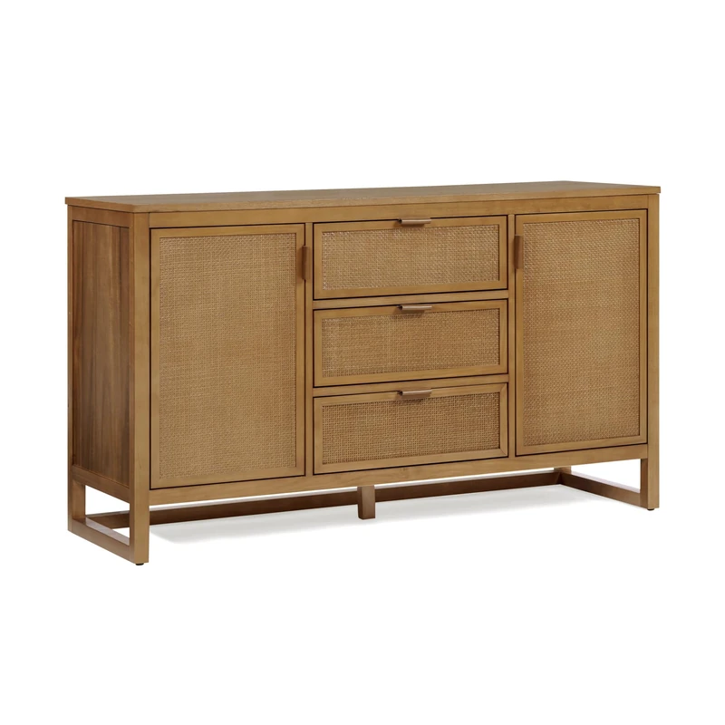 Teamson Home Hatteras 140 cm Wide Sideboard Cabinet with 3 Drawers, 2 Rattan Inset Doors, Adjustable Shelving and Dining Room Storage, Natural