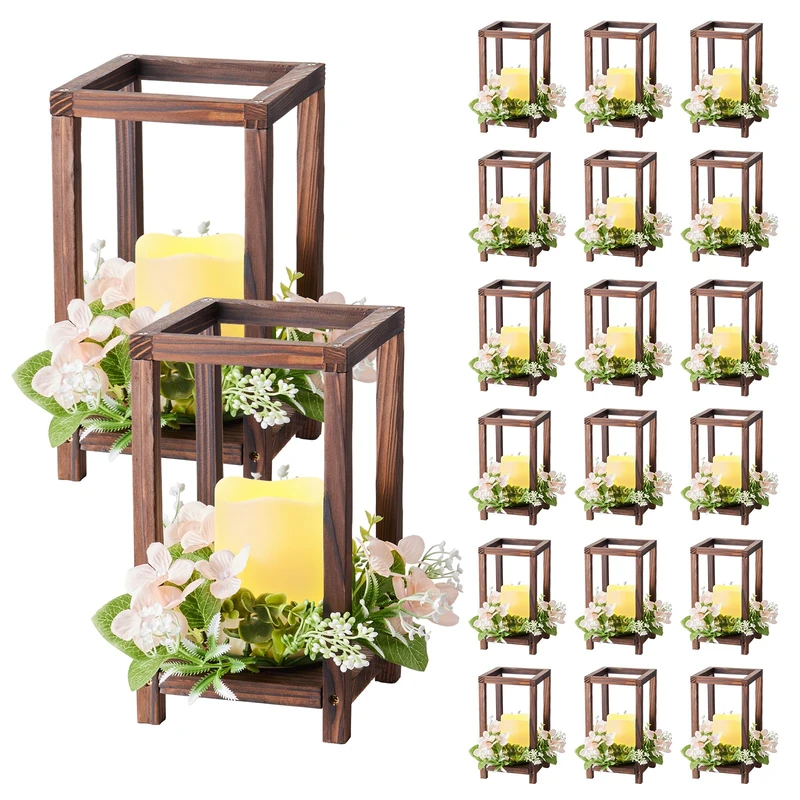 VEVOR 20 Set/60 Pcs Wooden Wedding Lantern Centerpiece, Includes 20 Wooden Lantern Candle Holder 20 Flameless LED Candle 20 Champagne Flower Wreath for Wedding Table Party Farmhouse Decor, Brown - Image 1
