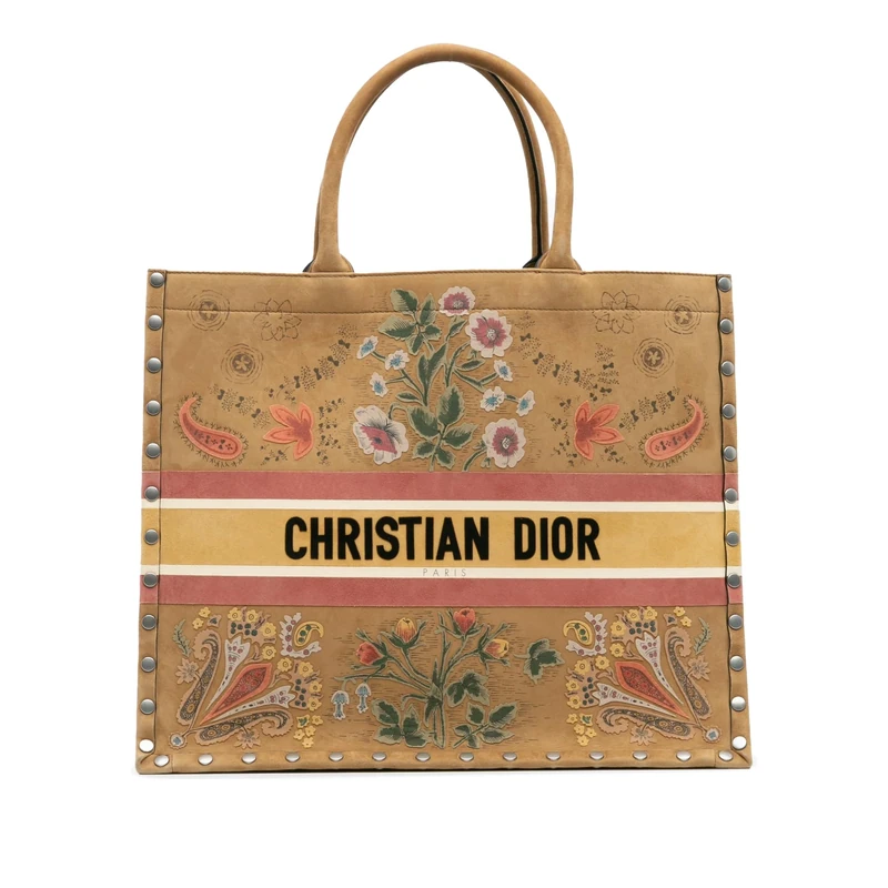 Dior Pre-Loved Large Studded Embroidered Suede Floral Book Tote