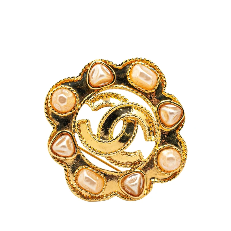 Pre-Loved Gold Plated Faux Pearl CC Brooch