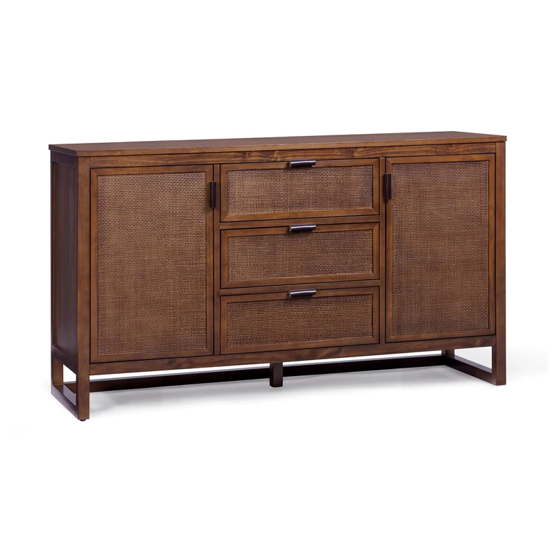 Teamson Home Hatteras 140 cm Wide Sideboard Cabinet with 3 Drawers, 2 Rattan Inlay Doors and Adjustable Shelving for Dining Spaces, Walnut
