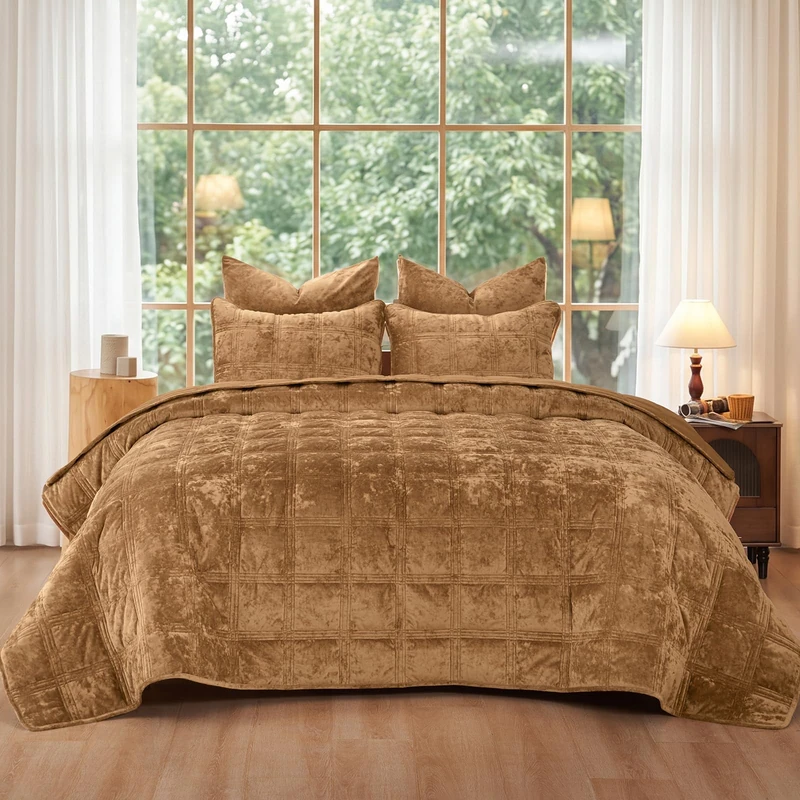 PHF Ultra Soft Velvet Quilt Set King Size 108" x 92" - 3PCS Luxurious Cozy with Diamond Pattern, Breathable Quilted Bedspread, Home Decor Gift, 1 Coverlet with 2 Matching Shams, Rusty Burnt Orange