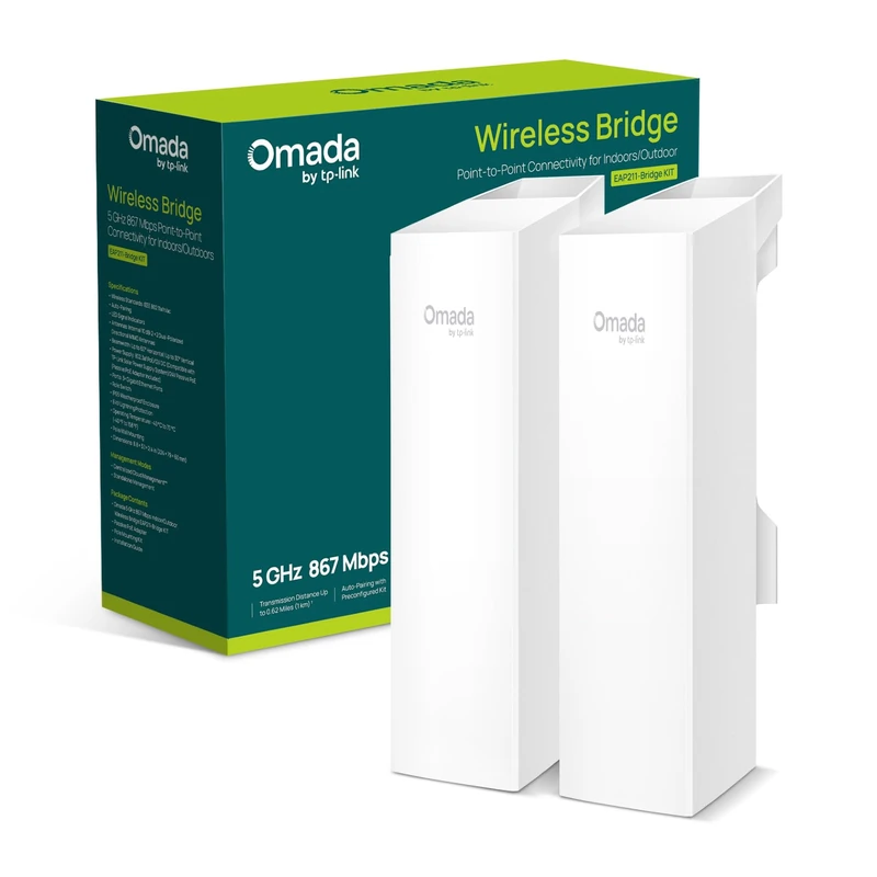 TP-Link EAP211-Bridge KIT, Omada Point to Point Wireless Bridge, 3 Gigabit Ports, Outdoor&Indoor, 1KM Long Range, PtP&PtMP, 1KM Long Range, PoE or DC Powered, centralized management, Preconfigured