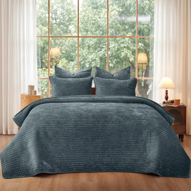 PHF Luxury Velvet Quilt Set King Size – 3PCS Ultra Soft with Striped Channel, Cozy Quilted Bedspread, Quilted Comforter Alternative, 1 Coverlet with 2 Matching Shams, 108" x 92", Stormy Blue