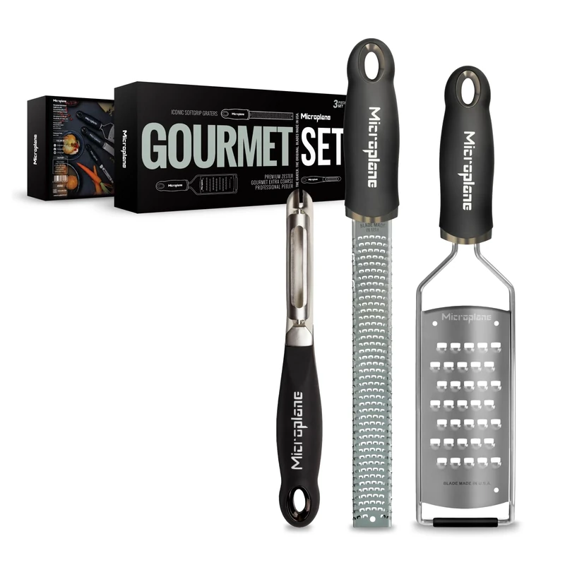 Microplane Gourmet 3-Piece Grater & Peeler Set - Premium Zester, Extra Coarse Cheese Grater & Stainless Steel Peeler | Sharp Blades for Citrus, Ginger & Vegetables