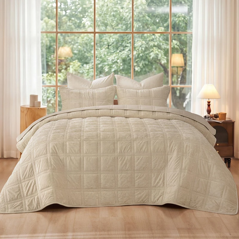 PHF Ultra Soft Velvet Quilt Set King Size – 3PCS Luxurious Cozy Quilted Comforter Alternative with Diamond Pattern, Warm Quilted Bedspread Coverlet, 108" x 92", Oxford Tan