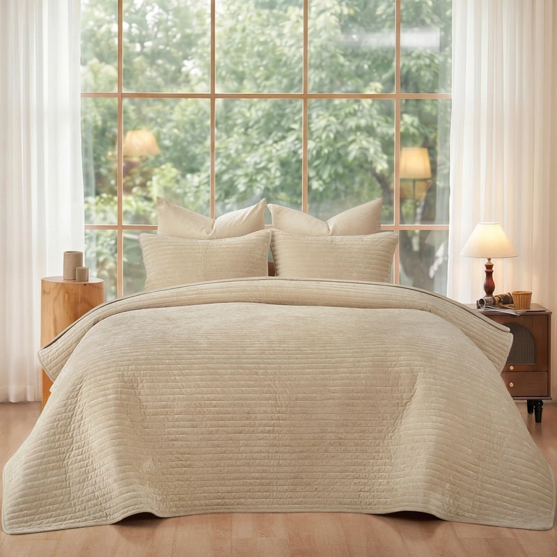 PHF Luxury Velvet Quilt Set King Size – 3PCS Ultra Soft Quilted Comforter Alternative with Striped Channel, Cozy Quilted Bedspread, 1 Coverlet with 2 Matching Shams, 108" x 92", Oxford Tan