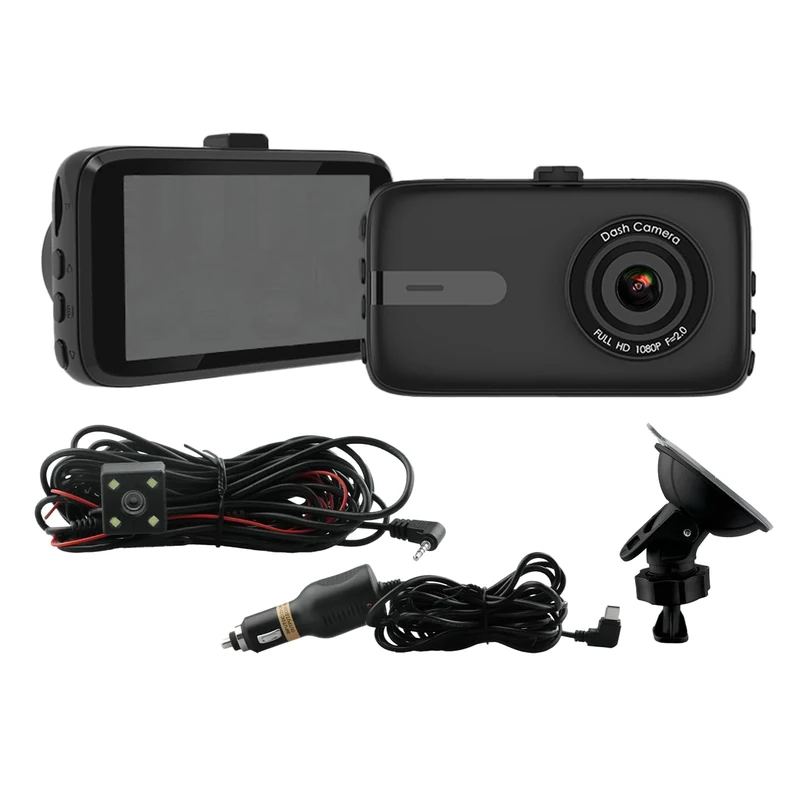 Simply Auto Dual Lens Dash Camera, Front and Rear Recording, 3-inch Display, HD Video Quality, G-Sensor Technology, Loop Recording, Wide Angle Lens