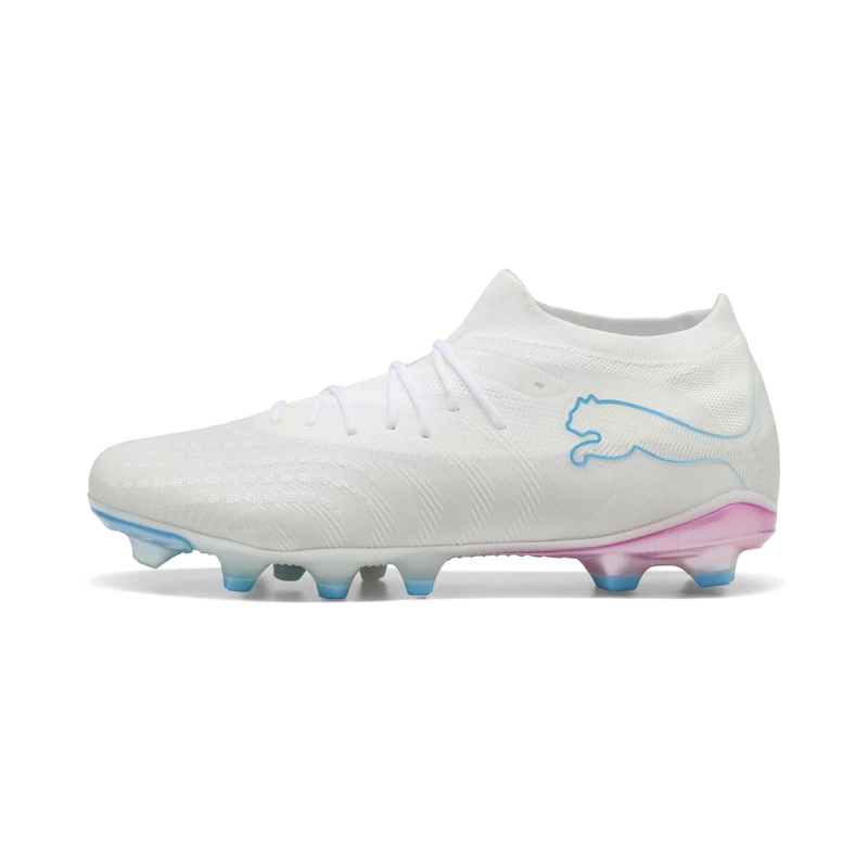 PUMA Unisex Future 9 Match White Firm Ground/Artifical Ground Football Boots, PUMA White-Luminous Blue-Luminous Pink, 8 UK