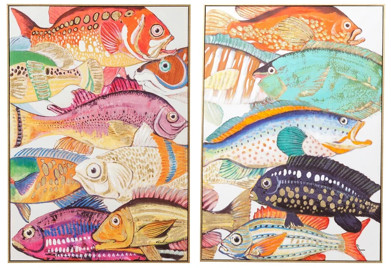 Kare Design Picture Touched Fish Meeting One, Multicoloured, Set of 2, Rectangular, Animal Motiv, Wall Art, Modern Design, Decorative Home Accessories for Living Room, Bedroom