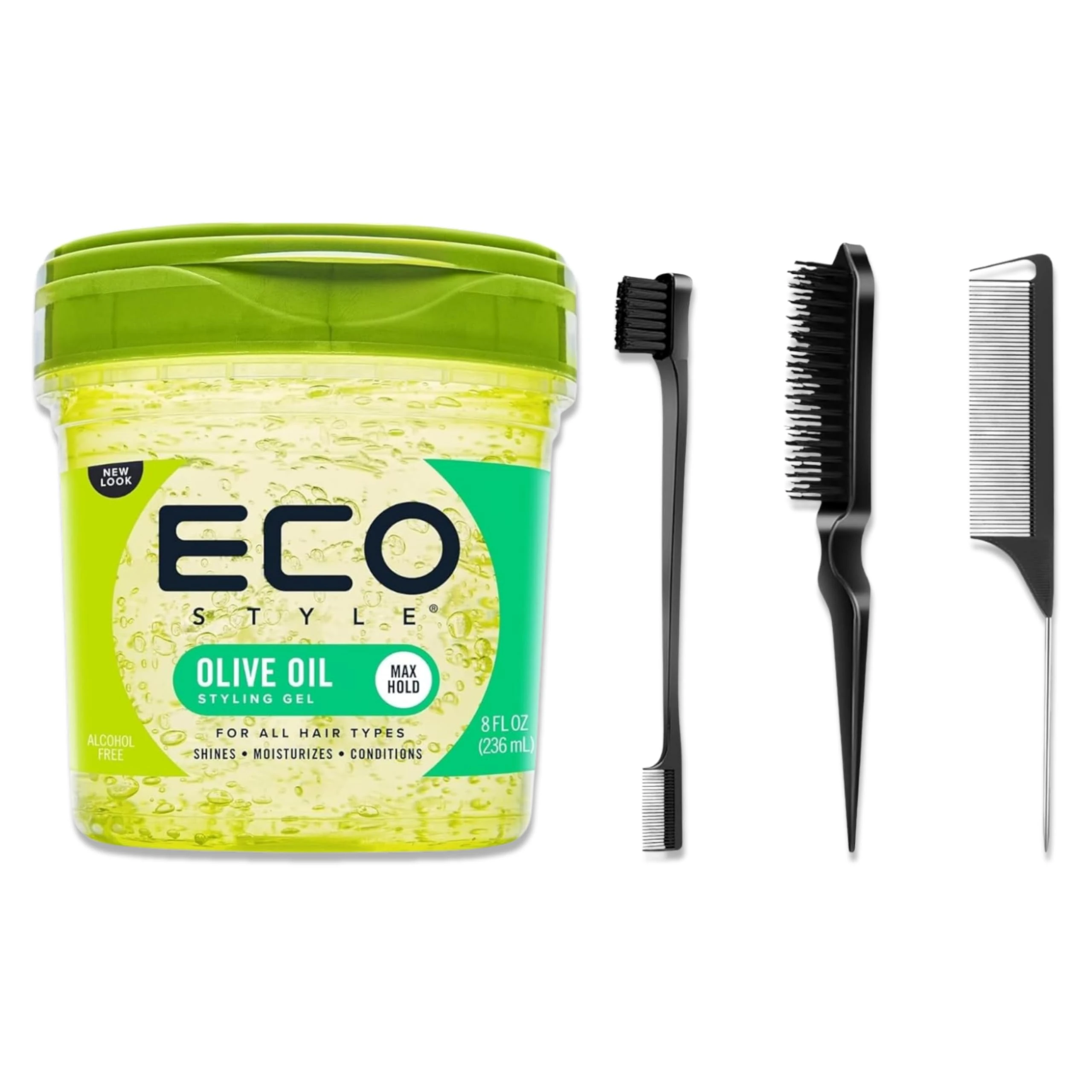 Strong Hold Hair Gel & Slick Back Brush Set – Moisturising Curl Gel for Natural, Sleek, or Wet Look Styles – Flake-Free Formula for Women, Men & Kids – Professional Braiding and Styling Products