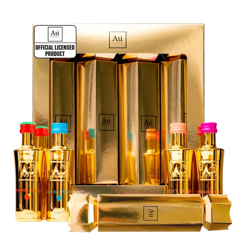 Au Vodka Christmas Crackers - Au Vodka Gift Set, Official Licensed 4 x 5cl Alcohol Cracker, Miniature Bottles - Handcrafted In The UK - Alcohol Gifts for Men and Women, Festive Xmas Mini Gift Set