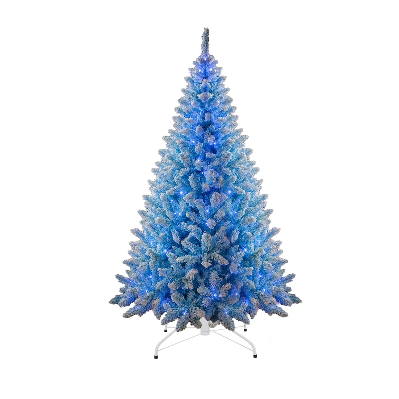 4Ft Flocked Prelit Blue Christmas Tree with Blue LED Lights Multifunction, Snow Dusted Artificial Pine Foldable Metal Stand 308 Tips Hinged Branches Snowy Bushy Luxury Holiday Home Decoration