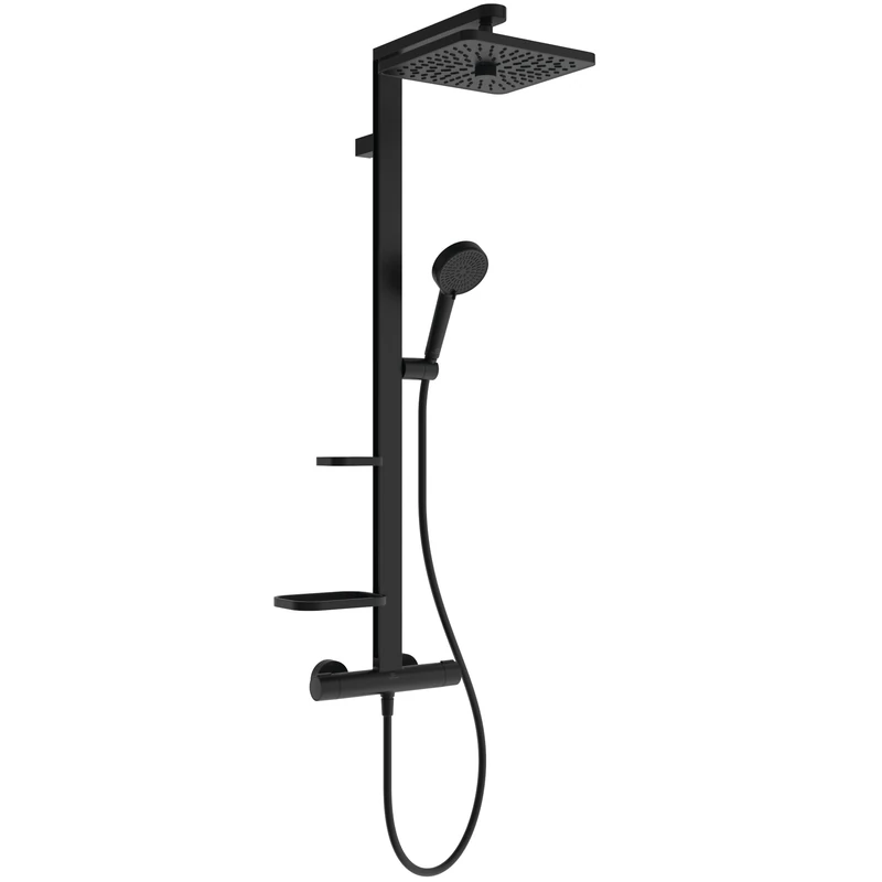 Ideal Standard Ceratherm Alu+ Shower System, Water-Saving Shower Head with Thermostat, Square Shower Head with Variable Spray Patterns – Matt Black (345x501x1113 mm)