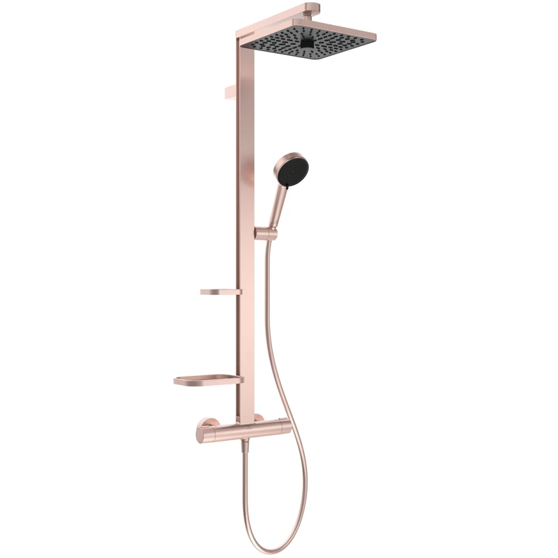 Ideal Standard Ceratherm Alu+ Shower System, Water-Saving Shower Head with Thermostat, Square Shower Head with Variable Spray Patterns – Rosé (345x501x1113 mm)