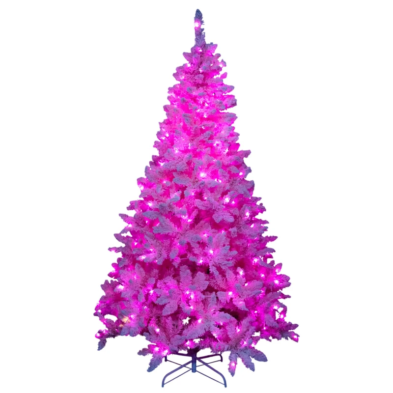 7Ft Flocked Prelit Pink Christmas Tree with Pink LED Lights Multifunction, Snow Dusted Artificial Pine Foldable Metal Stand 1084 Tips Hinged Branches Snowy Bushy Luxury Holiday Home Decoration