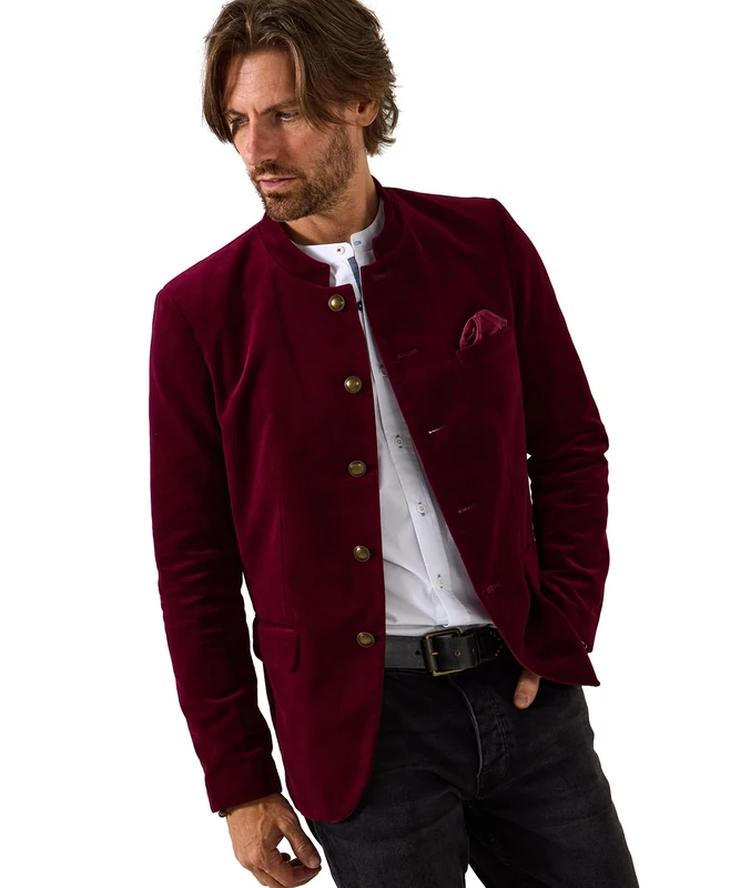 Joe Browns Men's Nehru Collar Statement Velour Jacket, Burgundy, 48