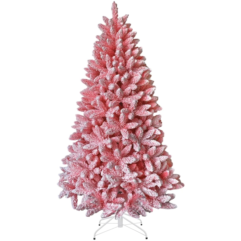 8Ft Flocked Pink Christmas Tree Snow Dusted Artificial Pine Foldable Metal Stand 1396 Tips Hinged Branches Snowy Bushy Luxury Holiday Home Decoration