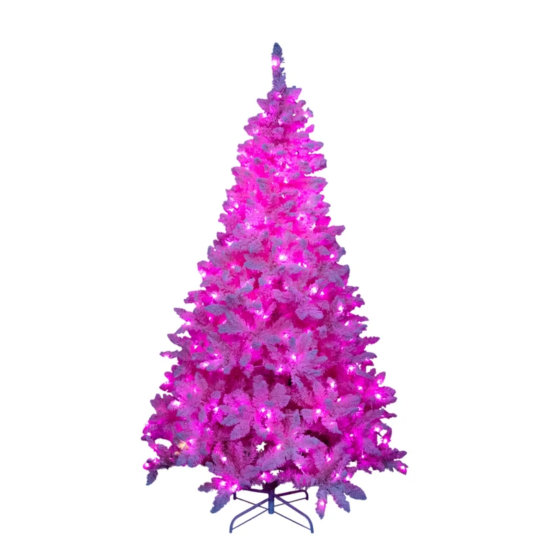 5Ft Flocked Prelit Pink Christmas Tree with Pink LED Lights Multifunction, Snow Dusted Artificial Pine Foldable Metal Stand 404 Tips Hinged Branches Snowy Bushy Luxury Holiday Home Decoration