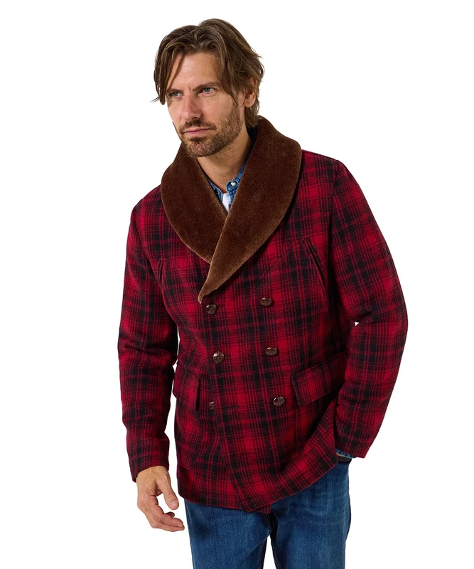 Joe Browns Men's Faux Fur Collar Double Breasted Multi-Coloured Coat, Red, XL