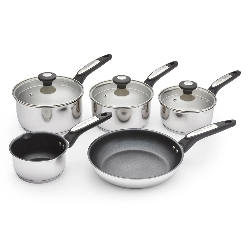 Morphy Richards 5-Piece Stainless Steel Pan Set, Dual Pouring Spout Non Stick, Tempered Glass Lid, Soft Touch, Suitable for All Hobs |Milk Pan| 16/18/20cm Saucepans |24cm Frying Pan | 859505