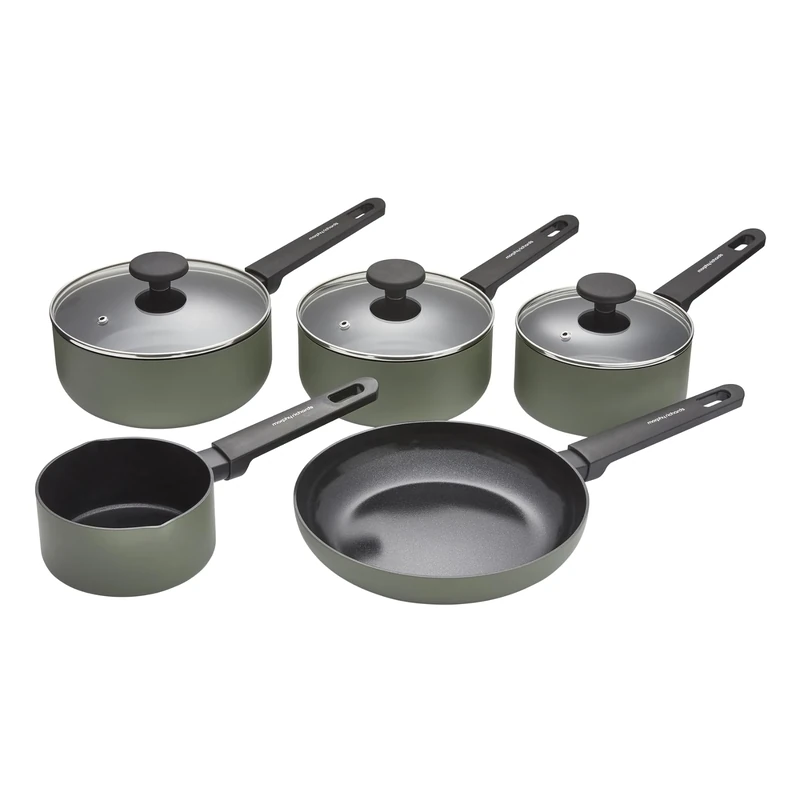 Morphy Richards 5 pc Saucepan Set, Recycled Aluminium, 14cm Milk Pan, 23cm Frying Pan, 16cm, 18cm & 20cm Saucepan, Non Stick Coating, Soft Touch Handles, Suitable for All Hobs, Green, 859501